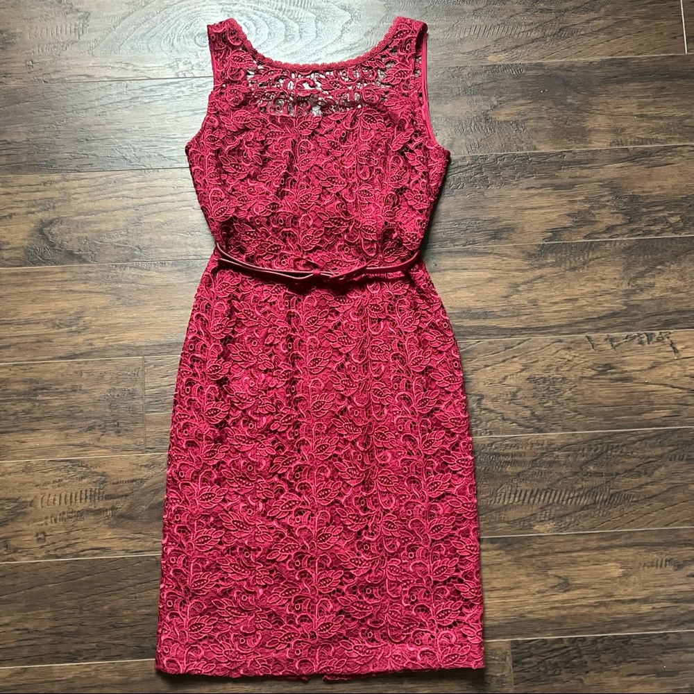 White House Black Market Red Lace Sheath Dress with Belt Size 2